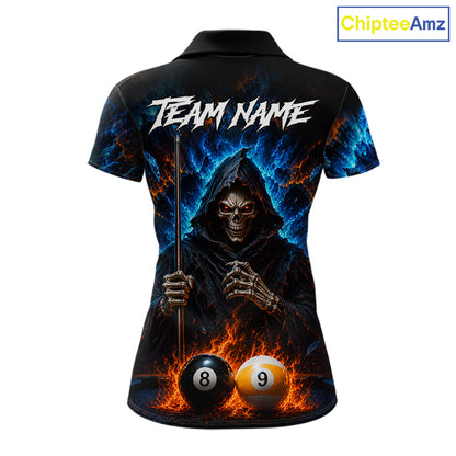 Custom Fire 8 Ball & 9 Ball Grim Reaper Billiard Shirt For Women, Pool Team Jersey Polo & 1/4 Zip TDM6563
