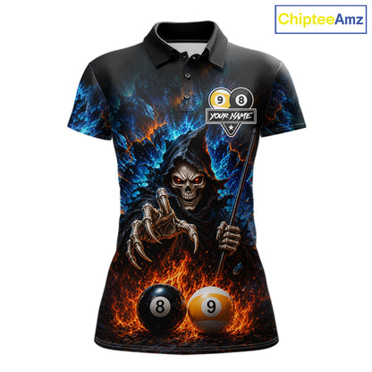 Custom Fire 8 Ball & 9 Ball Grim Reaper Billiard Shirt For Women, Pool Team Jersey Polo & 1/4 Zip TDM6563