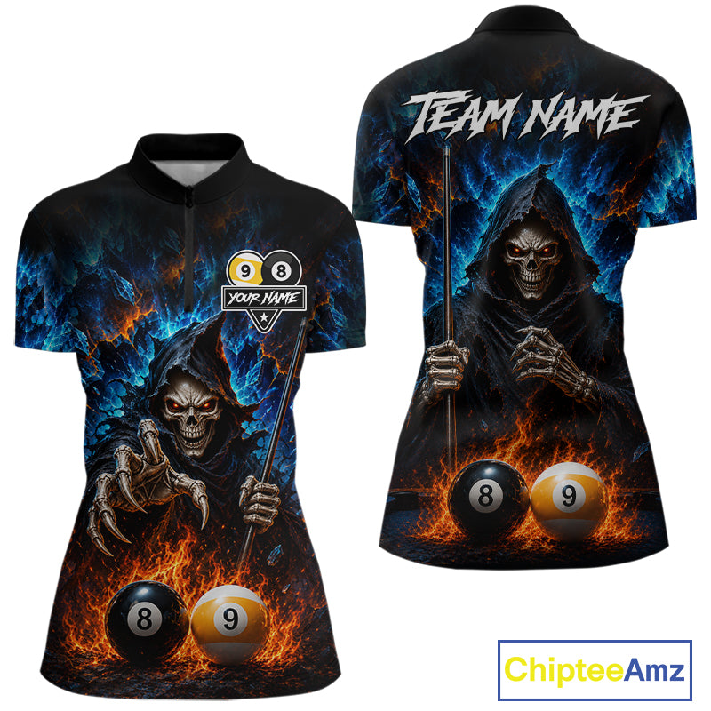 Custom Fire 8 Ball & 9 Ball Grim Reaper Billiard Shirt For Women, Pool Team Jersey Polo & 1/4 Zip TDM6563