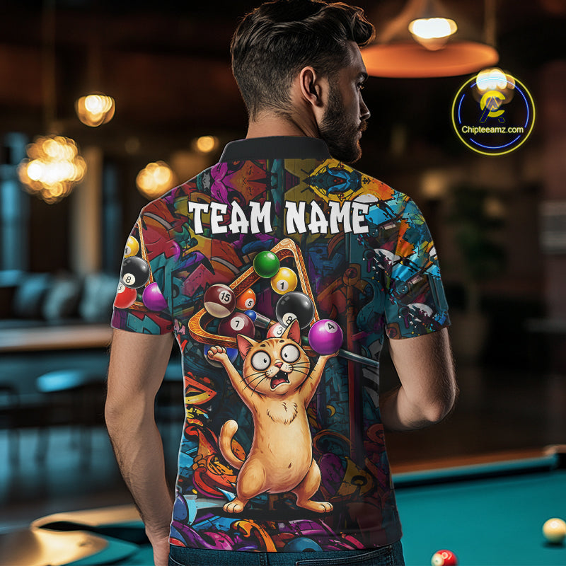 Colorful Billiard Jersey Custom Funny Cat Graffiti Billiard Polo & Quarter Zip Shirts For Men TDM6564