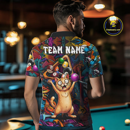 Colorful Billiard Jersey Custom Funny Cat Graffiti Billiard Polo & Quarter Zip Shirts For Men TDM6564
