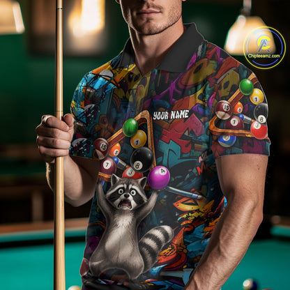 Colorful Billiard Jersey Custom Funny Raccoon Graffiti Billiard Polo & Quarter Zip Shirts For Men TDM6565