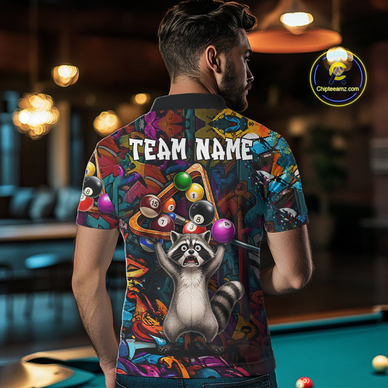 Colorful Billiard Jersey Custom Funny Raccoon Graffiti Billiard Polo & Quarter Zip Shirts For Men TDM6565