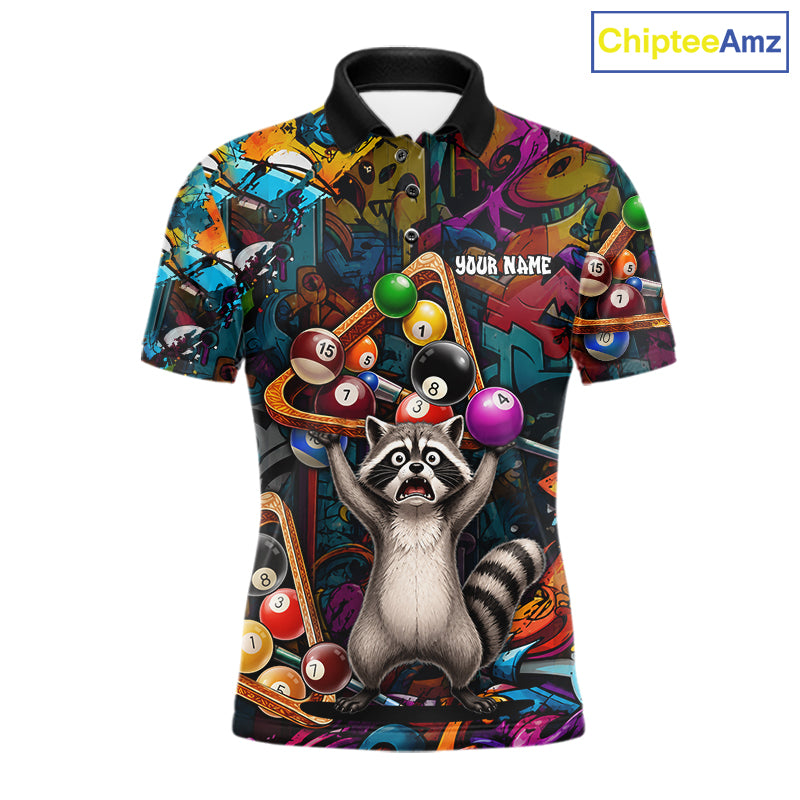 Colorful Billiard Jersey Custom Funny Raccoon Graffiti Billiard Polo & Quarter Zip Shirts For Men TDM6565