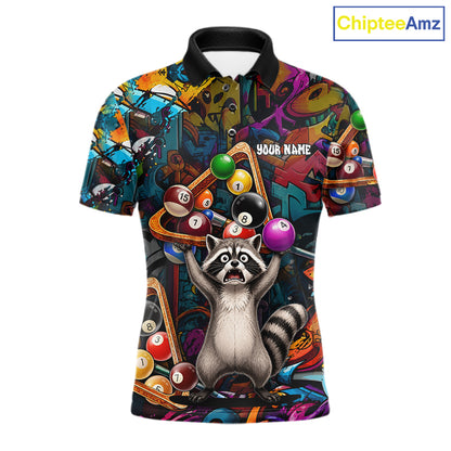 Colorful Billiard Jersey Custom Funny Raccoon Graffiti Billiard Polo & Quarter Zip Shirts For Men TDM6565