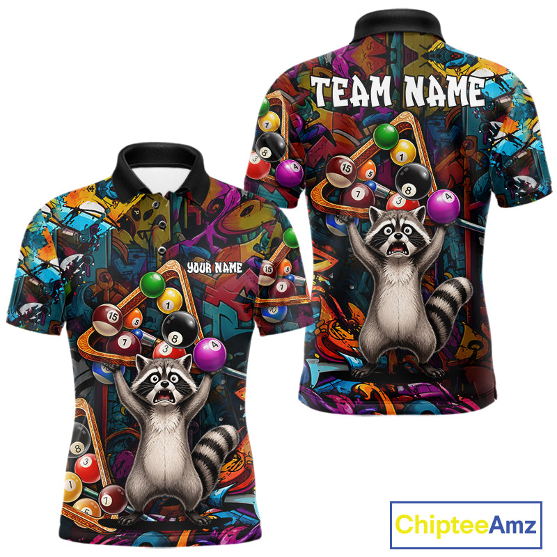 Colorful Billiard Jersey Custom Funny Raccoon Graffiti Billiard Polo & Quarter Zip Shirts For Men TDM6565