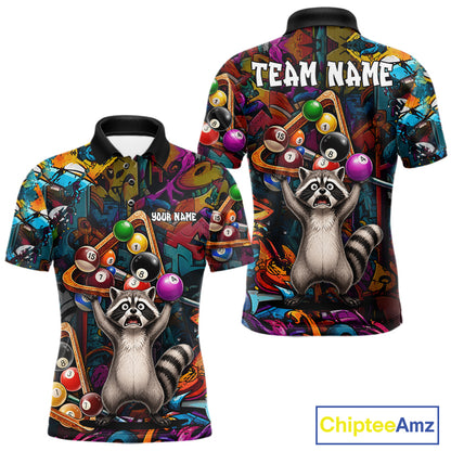 Colorful Billiard Jersey Custom Funny Raccoon Graffiti Billiard Polo & Quarter Zip Shirts For Men TDM6565