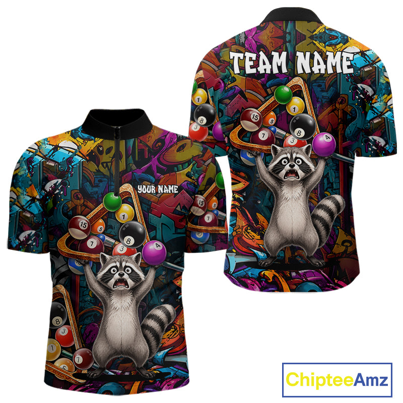 Colorful Billiard Jersey Custom Funny Raccoon Graffiti Billiard Polo & Quarter Zip Shirts For Men TDM6565