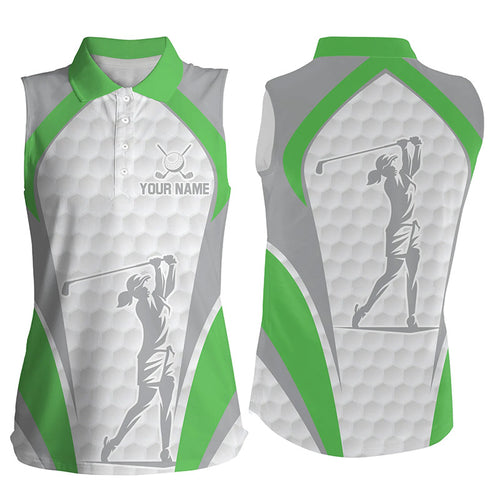 White And Green Womens Sleeveless Polo Shirts Custom Name Team Ladies Golf Tops, Best Golf Outfit TDM1868