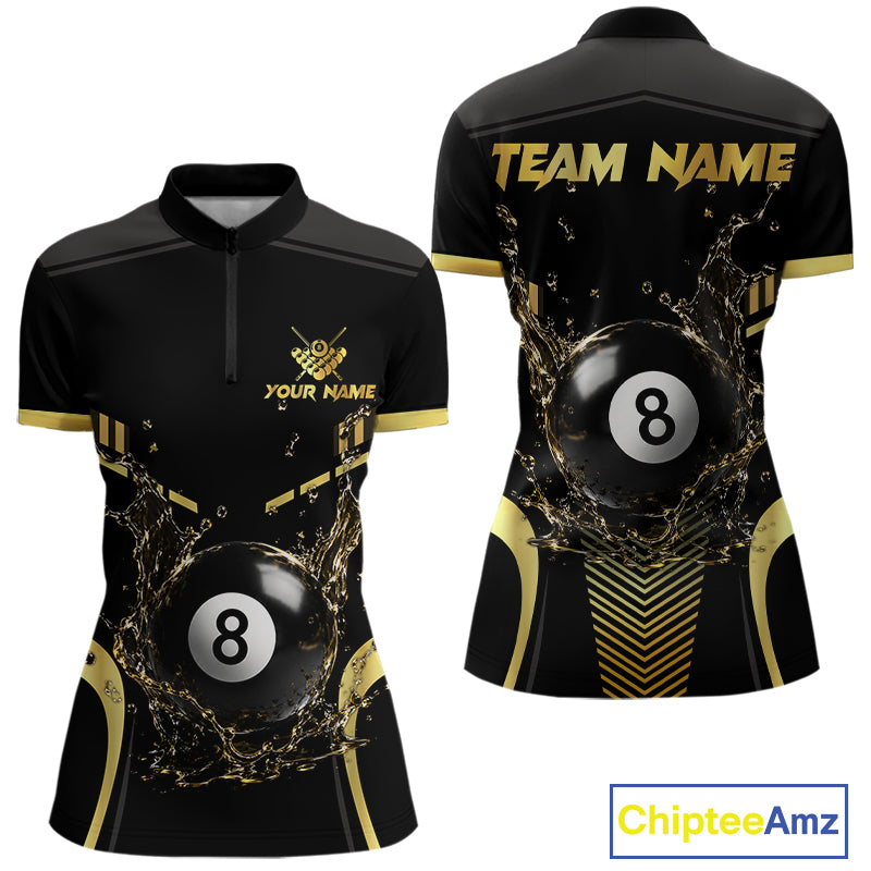 Personalized Black and Blue Water 8 Ball Quarter Zip Billiard Shirt Created for Pool League Teams with Custom Jersey Design and Performance Fabric