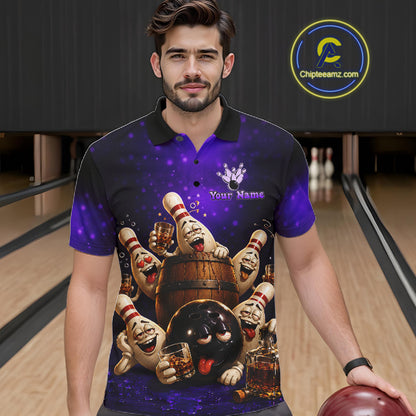 Purple Funny Drunk Bowling Pins Bourbon Vintage Bowling Shirts For Men Custom Bowling Team Jersey TDM7301