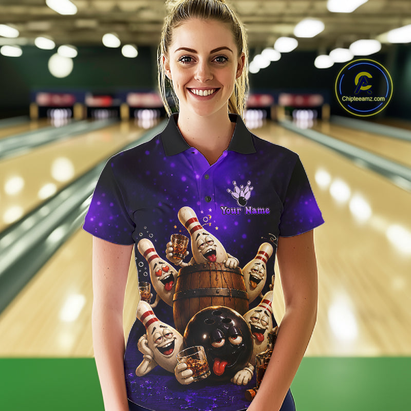 Purple Funny Drunk Bowling Pins Bourbon Vintage Bowling Shirts For Women Custom Bowling Team Jersey TDM7301