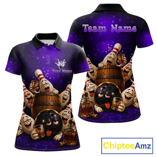Purple Funny Drunk Bowling Pins Bourbon Vintage Bowling Shirts For Women Custom Bowling Team Jersey TDM7301