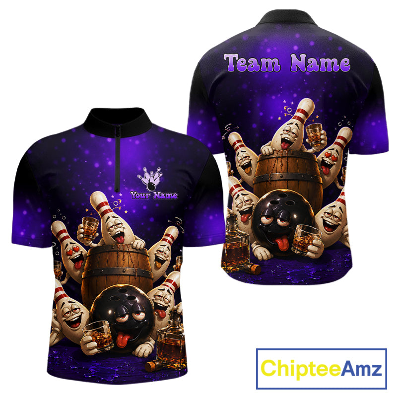 Purple Funny Drunk Bowling Pins Bourbon Vintage Bowling Shirts For Men Custom Bowling Team Jersey TDM7301
