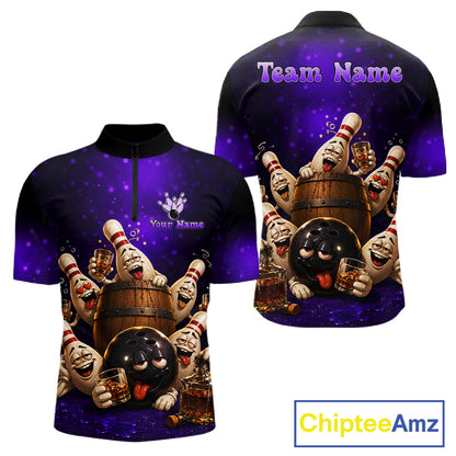 Purple Funny Drunk Bowling Pins Bourbon Vintage Bowling Shirts For Men Custom Bowling Team Jersey TDM7301