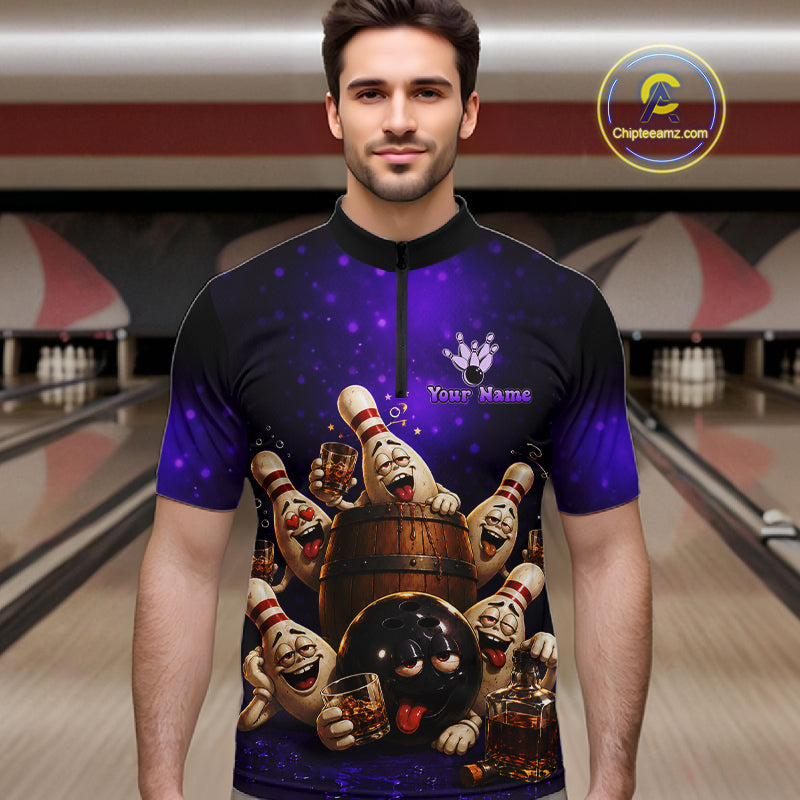 Purple Funny Drunk Bowling Pins Bourbon Vintage Bowling Shirts For Men Custom Bowling Team Jersey TDM7301