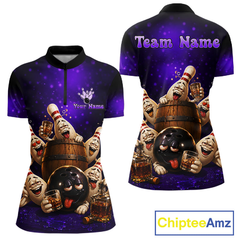 Purple Funny Drunk Bowling Pins Bourbon Vintage Bowling Shirts For Women Custom Bowling Team Jersey TDM7301