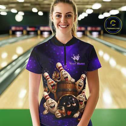 Purple Funny Drunk Bowling Pins Bourbon Vintage Bowling Shirts For Women Custom Bowling Team Jersey TDM7301