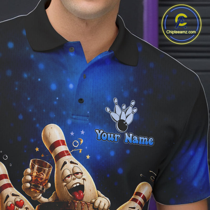 Blue Funny Drunk Bowling Pins Bourbon Vintage Bowling Shirts For Men Custom Bowling Team Jersey TDM7302