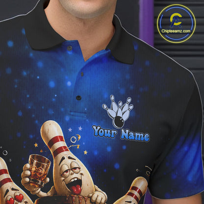 Blue Funny Drunk Bowling Pins Bourbon Vintage Bowling Shirts For Men Custom Bowling Team Jersey TDM7302