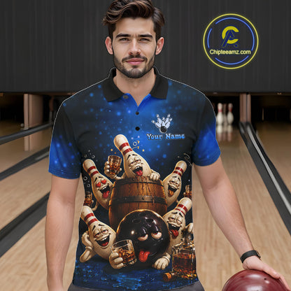 Blue Funny Drunk Bowling Pins Bourbon Vintage Bowling Shirts For Men Custom Bowling Team Jersey TDM7302