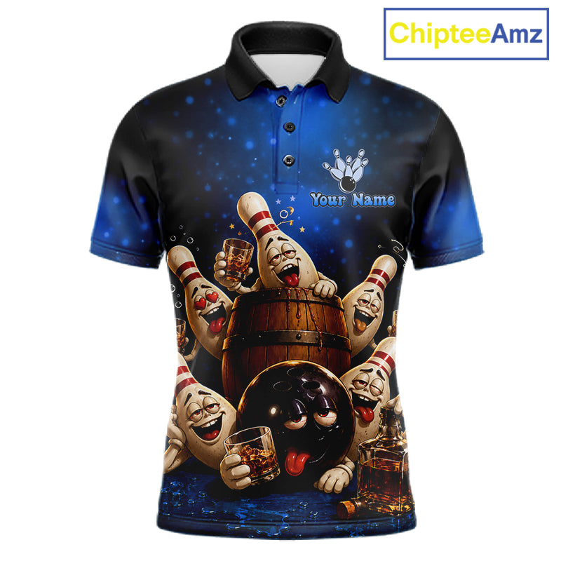 Blue Funny Drunk Bowling Pins Bourbon Vintage Bowling Shirts For Men Custom Bowling Team Jersey TDM7302