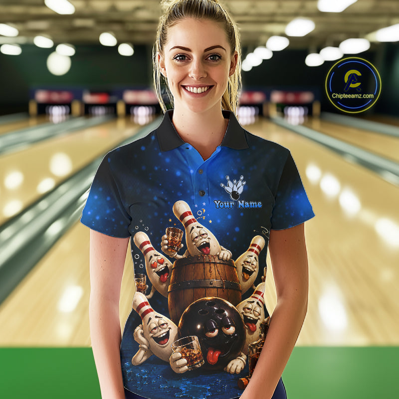 Blue Funny Drunk Bowling Pins Bourbon Vintage Bowling Shirts For Women Custom Bowling Team Jersey TDM7302