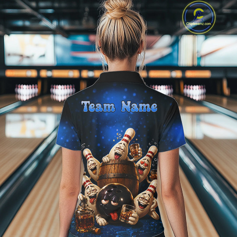 Blue Funny Drunk Bowling Pins Bourbon Vintage Bowling Shirts For Women Custom Bowling Team Jersey TDM7302