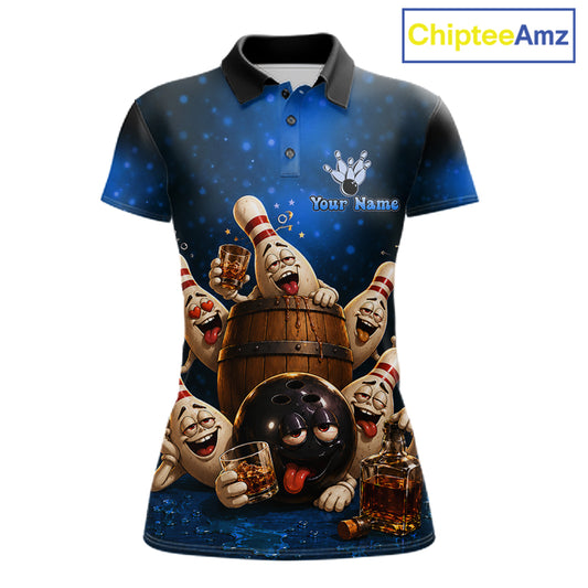 Blue Funny Drunk Bowling Pins Bourbon Vintage Bowling Shirts For Women Custom Bowling Team Jersey TDM7302
