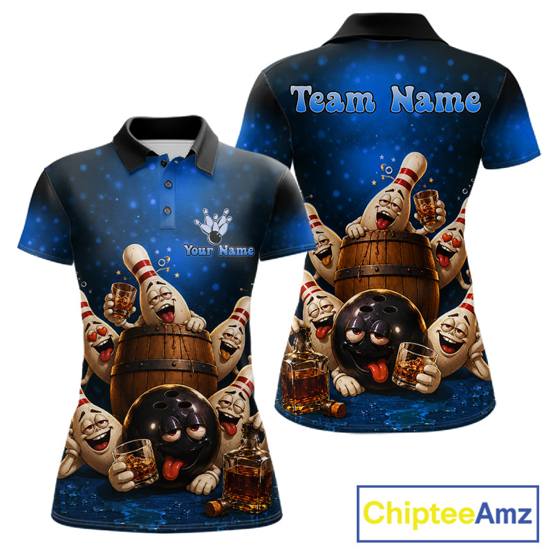 Blue Funny Drunk Bowling Pins Bourbon Vintage Bowling Shirts For Women Custom Bowling Team Jersey TDM7302
