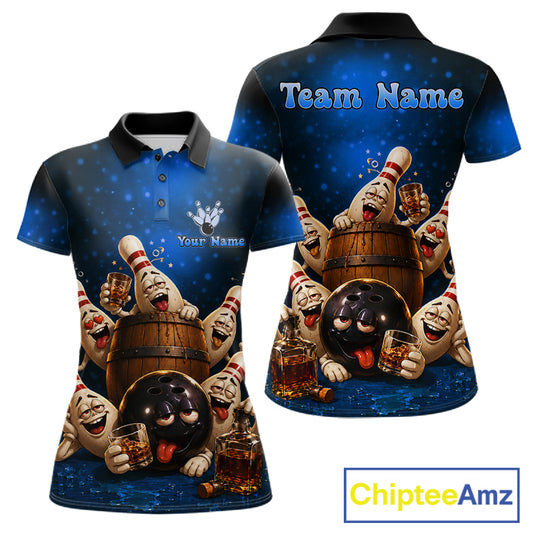 Blue Funny Drunk Bowling Pins Bourbon Vintage Bowling Shirts For Women Custom Bowling Team Jersey TDM7302
