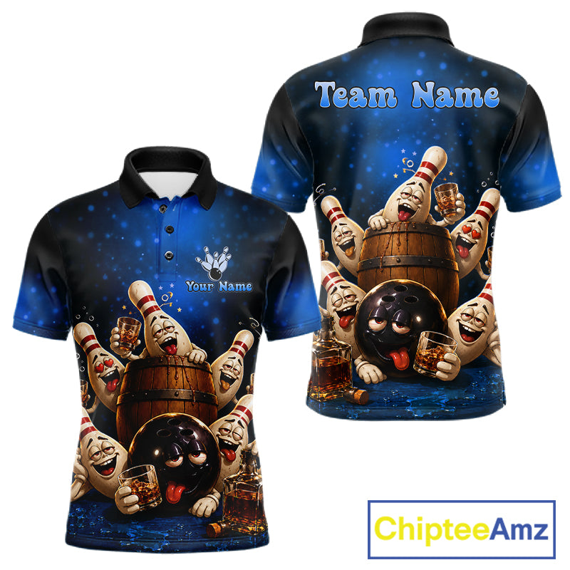 Blue Funny Drunk Bowling Pins Bourbon Vintage Bowling Shirts For Men Custom Bowling Team Jersey TDM7302