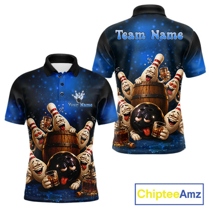 Blue Funny Drunk Bowling Pins Bourbon Vintage Bowling Shirts For Men Custom Bowling Team Jersey TDM7302