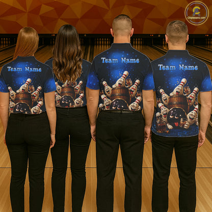 Blue Funny Drunk Bowling Pins Bourbon Vintage Bowling Shirts For Men Custom Bowling Team Jersey TDM7302