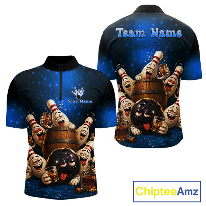 Blue Funny Drunk Bowling Pins Bourbon Vintage Bowling Shirts For Men Custom Bowling Team Jersey TDM7302