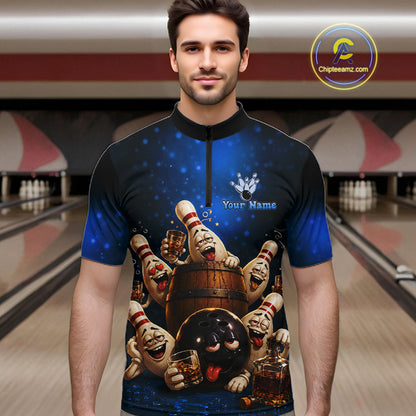 Blue Funny Drunk Bowling Pins Bourbon Vintage Bowling Shirts For Men Custom Bowling Team Jersey TDM7302
