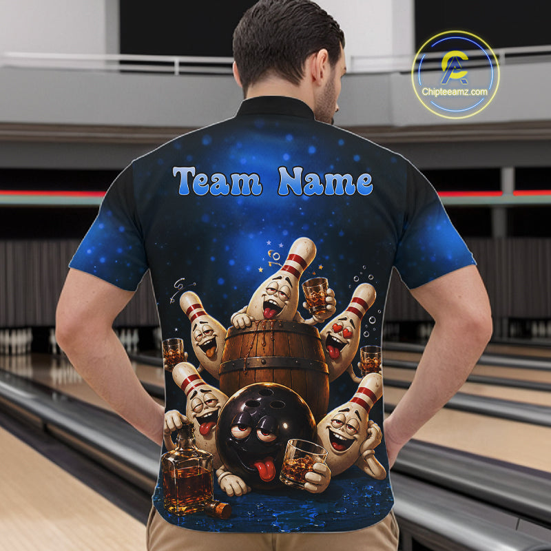Blue Funny Drunk Bowling Pins Bourbon Vintage Bowling Shirts For Men Custom Bowling Team Jersey TDM7302