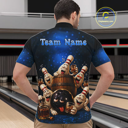 Blue Funny Drunk Bowling Pins Bourbon Vintage Bowling Shirts For Men Custom Bowling Team Jersey TDM7302