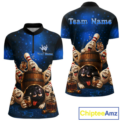 Blue Funny Drunk Bowling Pins Bourbon Vintage Bowling Shirts For Women Custom Bowling Team Jersey TDM7302