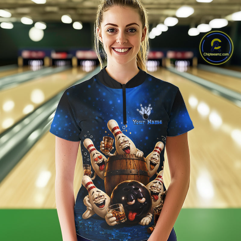 Blue Funny Drunk Bowling Pins Bourbon Vintage Bowling Shirts For Women Custom Bowling Team Jersey TDM7302