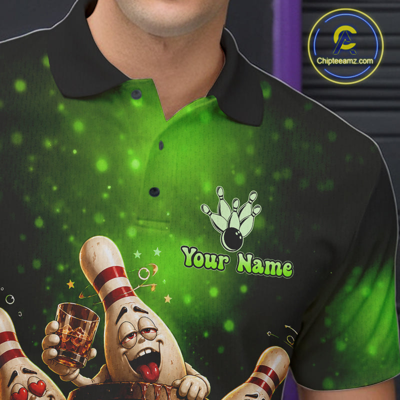 Green Funny Drunk Bowling Pins Bourbon Vintage Bowling Shirts For Men Custom Bowling Team Jersey TDM7303