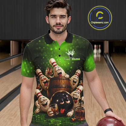 Green Funny Drunk Bowling Pins Bourbon Vintage Bowling Shirts For Men Custom Bowling Team Jersey TDM7303