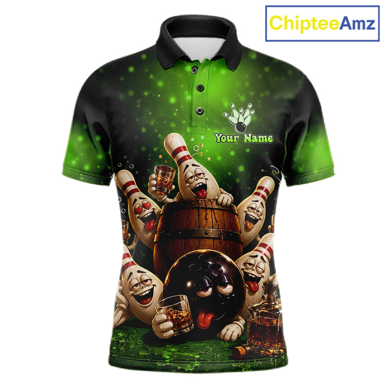 Green Funny Drunk Bowling Pins Bourbon Vintage Bowling Shirts For Men Custom Bowling Team Jersey TDM7303