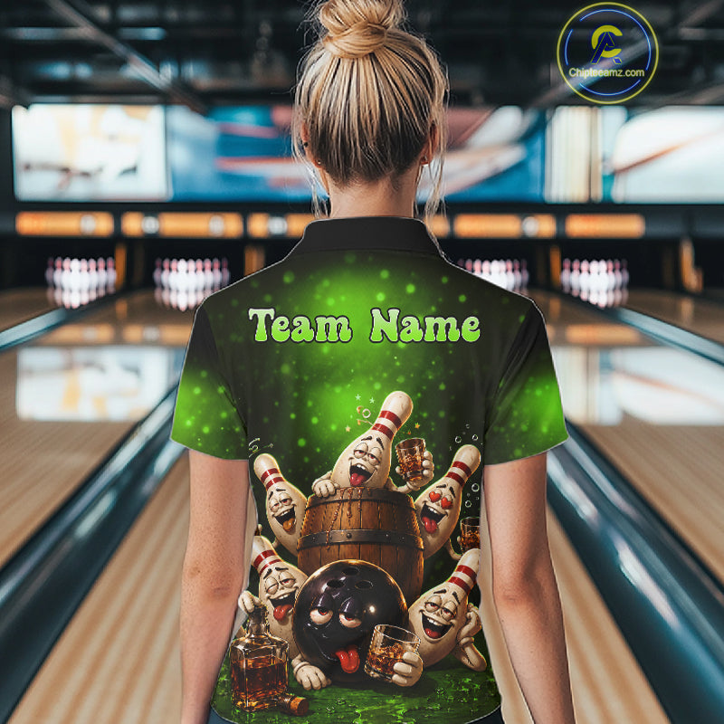 Green Funny Drunk Bowling Pins Bourbon Vintage Bowling Shirts For Women Custom Bowling Team Jersey TDM7303
