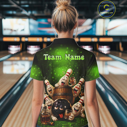 Green Funny Drunk Bowling Pins Bourbon Vintage Bowling Shirts For Women Custom Bowling Team Jersey TDM7303