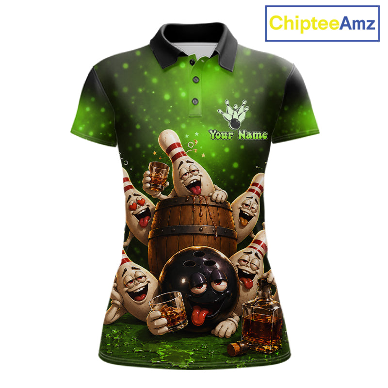 Green Funny Drunk Bowling Pins Bourbon Vintage Bowling Shirts For Women Custom Bowling Team Jersey TDM7303