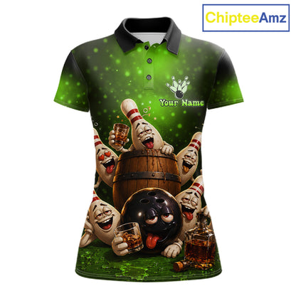 Green Funny Drunk Bowling Pins Bourbon Vintage Bowling Shirts For Women Custom Bowling Team Jersey TDM7303