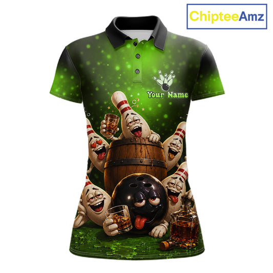 Green Funny Drunk Bowling Pins Bourbon Vintage Bowling Shirts For Women Custom Bowling Team Jersey TDM7303