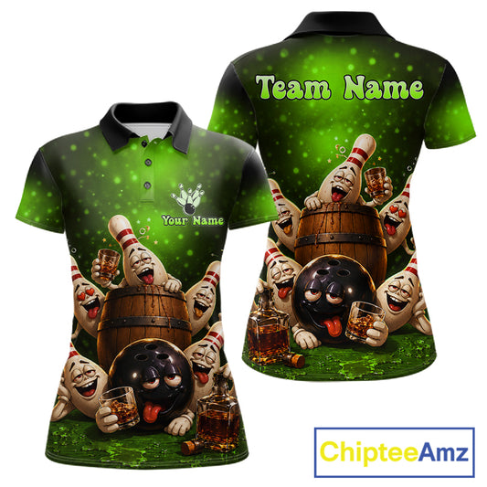 Green Funny Drunk Bowling Pins Bourbon Vintage Bowling Shirts For Women Custom Bowling Team Jersey TDM7303
