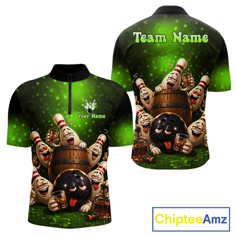 Green Funny Drunk Bowling Pins Bourbon Vintage Bowling Shirts For Men Custom Bowling Team Jersey TDM7303